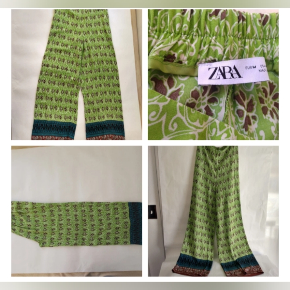 Women's Zara Bohemian Pants, Size Medium , green print art pattern , back waistb